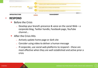 9/18/2013 GERMINAIT SOLUTIONS PRIVATE LIMITED. PRIVATE AND CONFIDENTIAL 16
• RESPOND
 Before the Crisis
o Develop your brand’s presence & voice on the social Web – a
corporate blog, Twitter handle, Facebook page, YouTube
channel…
 After the Crisis Hits
o Actively update home page or dark site
o Consider using video to deliver a human message
o If corporate, use social web platforms to respond – these are
most effective when they are well established and active prior a
crisis
 