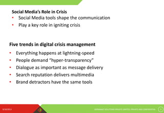 9/18/2013 GERMINAIT SOLUTIONS PRIVATE LIMITED. PRIVATE AND CONFIDENTIAL 3
Five trends in digital crisis management
• Everything happens at lightning-speed
• People demand “hyper-transparency”
• Dialogue as important as message delivery
• Search reputation delivers multimedia
• Brand detractors have the same tools
Social Media’s Role in Crisis
• Social Media tools shape the communication
• Play a key role in igniting crisis
 