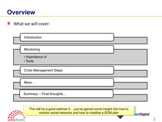 Overview What we will cover: This will be a good webinar if….you’ve gained some insight into how to monitor social networks and how to mobilize a DCM plan 