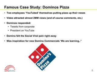Famous Case Study: Dominos Pizza Two employees ‘YouTubed’ themselves putting pizza up their noses Video attracted almost 2MM views (and of course comments, etc.) Dominos responded: Tweets from corporate President on YouTube Domino felt the Social Viral pain right away Was inspiration for new Domino Commercials ‘We are learning..” 