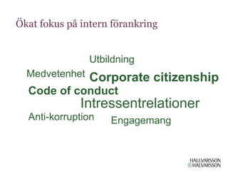 Ökat fokus på intern förankring


                Utbildning
  Medvetenhet   Corporate citizenship
  Code of conduct
              Intressentrelationer
  Anti-korruption   Engagemang
 