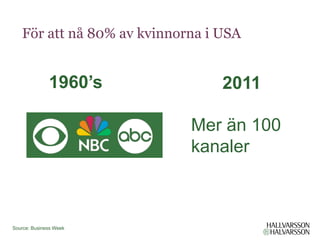 För att nå 80% av kvinnorna i USA


              1960’s             2011
        1960’s
                            Mer än 100
                            kanaler



Source: Business Week
 