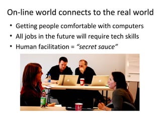 On-line world connects to the real world
• Getting people comfortable with computers
• All jobs in the future will require tech skills
• Human facilitation = “secret sauce”
 