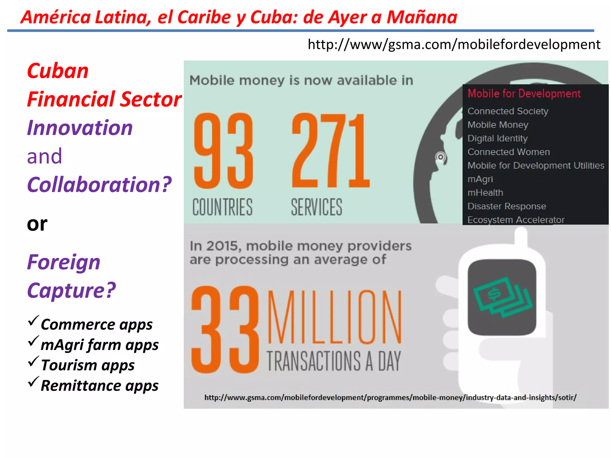 Cuban
Financial Sector
Innovation
and
Collaboration?
or
Foreign
Capture?
Commerce apps
mAgri farm apps
Tourism apps
Remittance apps
http://www/gsma.com/mobilefordevelopment
 