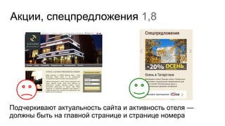 Акции, спецпредложения 1,8
Подчеркивают актуальность сайта и активность отеля —
должны быть на главной странице и странице номера
 