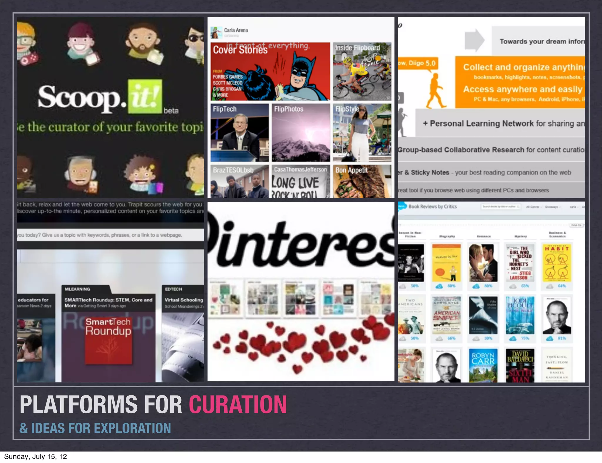 PLATFORMS FOR CURATION
    & IDEAS FOR EXPLORATION
Sunday, July 15, 12
 