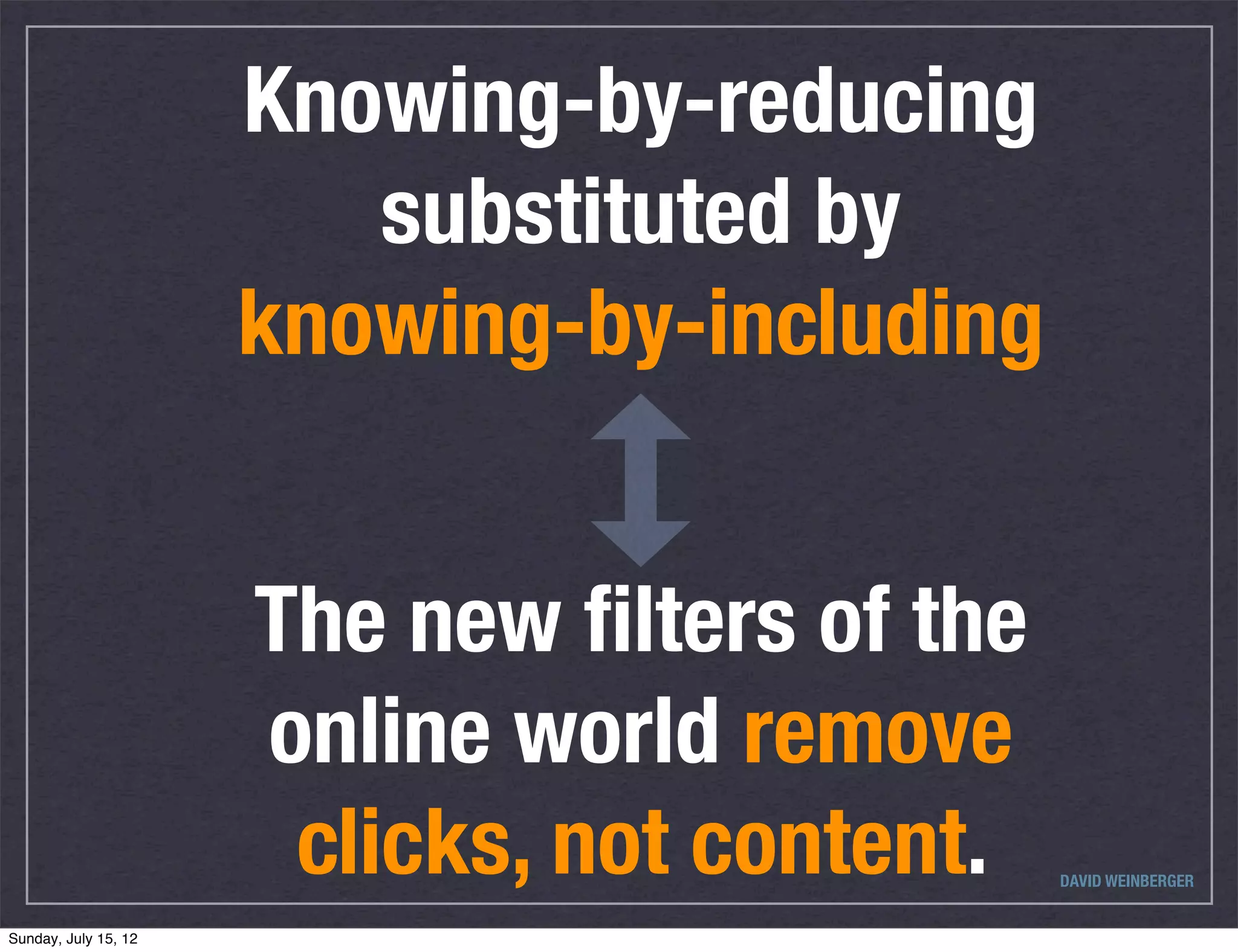 Knowing-by-reducing
                         substituted by
                      knowing-by-including


                      The new ﬁlters of the
                      online world remove
                       clicks, not content.   DAVID WEINBERGER


Sunday, July 15, 12
 