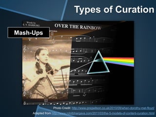 Mash-Ups
Adapted from http://www.rohitbhargava.com/2011/03/the-5-models-of-content-curation.html
Photo Credit: http://www.gregwilson.co.uk/2010/09/when-dorothy-met-floyd/
Types of Curation
 