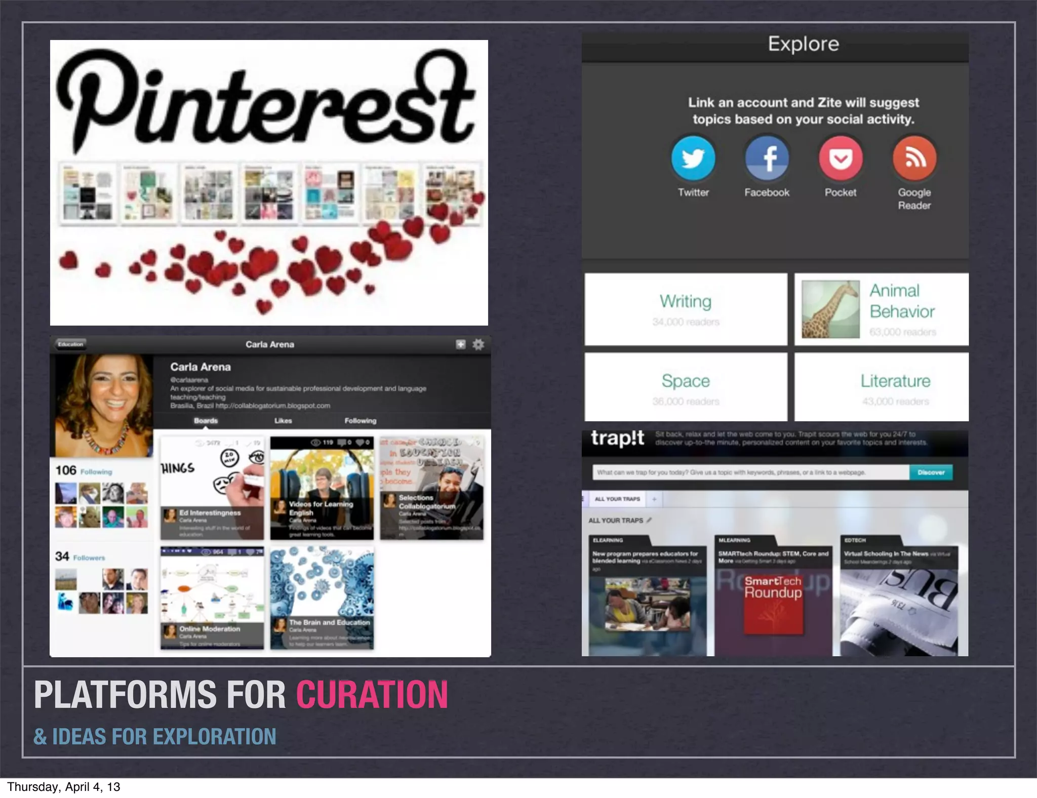 PLATFORMS FOR CURATION
    & IDEAS FOR EXPLORATION

Thursday, April 4, 13
 
