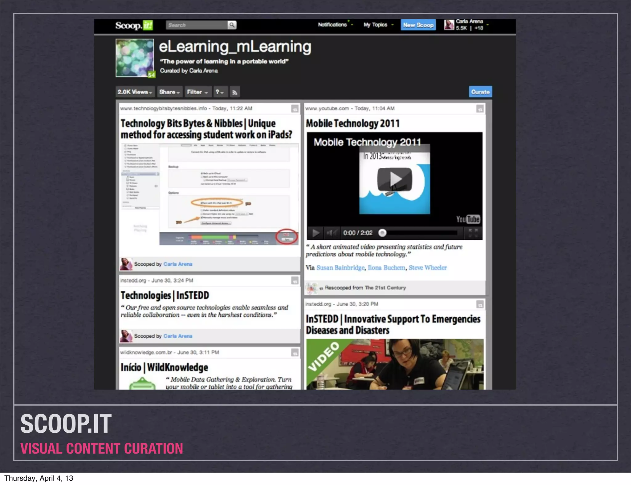 SCOOP.IT
    VISUAL CONTENT CURATION
Thursday, April 4, 13
 