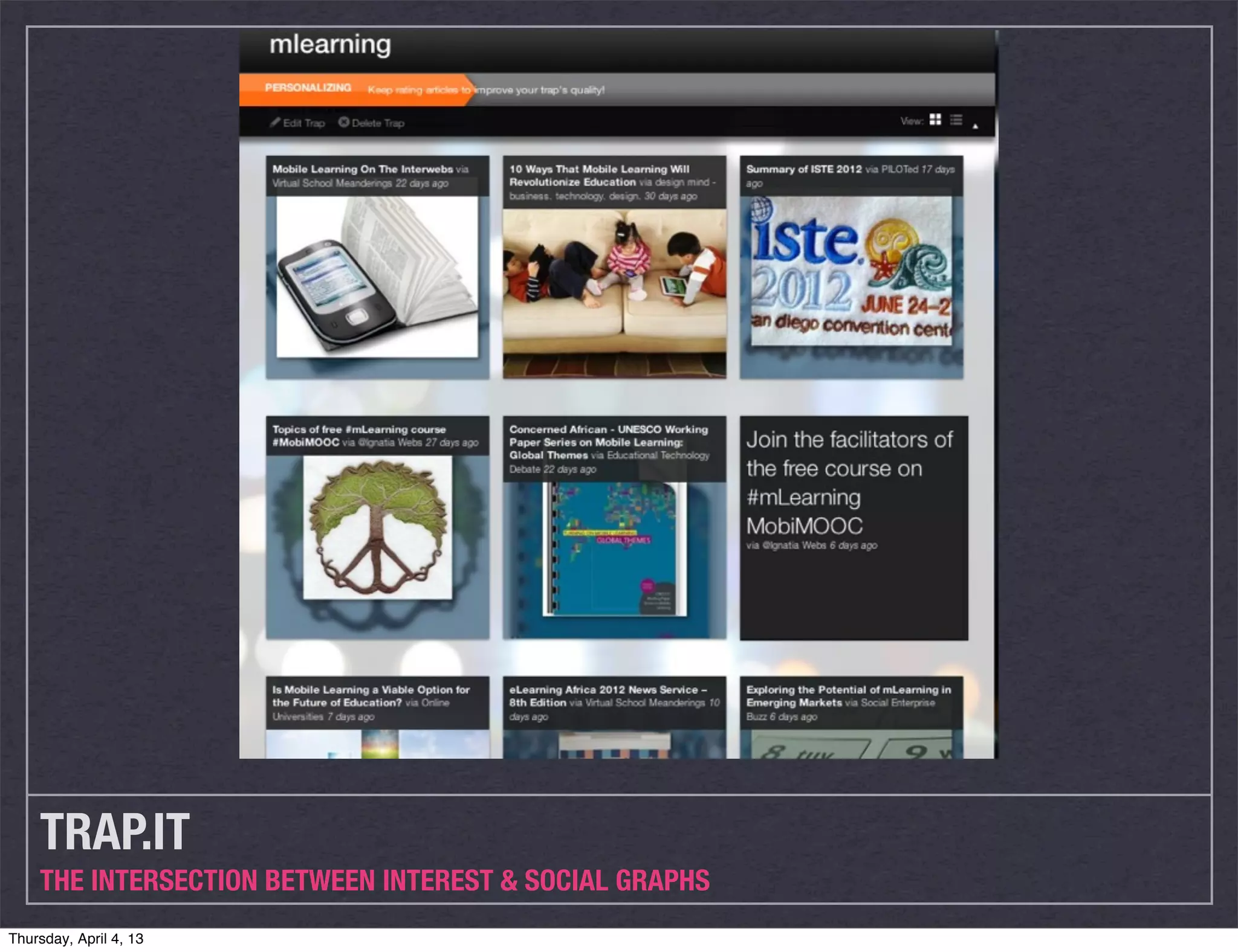 TRAP.IT
    THE INTERSECTION BETWEEN INTEREST & SOCIAL GRAPHS
Thursday, April 4, 13
 