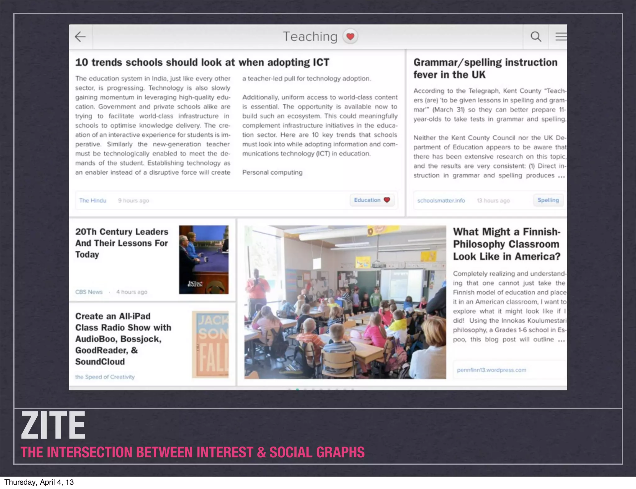 ZITE
    THE INTERSECTION BETWEEN INTEREST & SOCIAL GRAPHS
Thursday, April 4, 13
 
