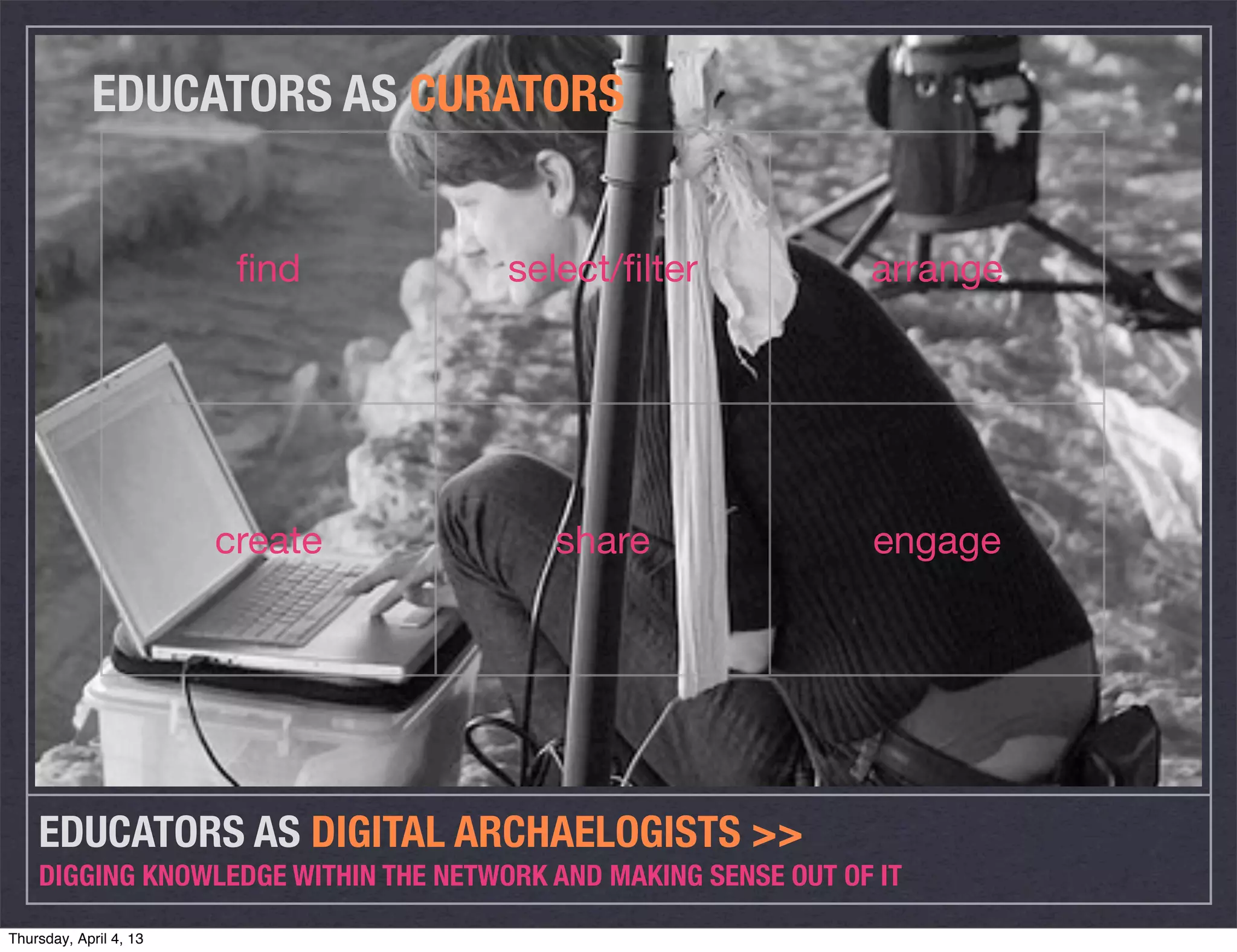 EDUCATORS AS CURATORS


                         ﬁnd          select/ﬁlter              arrange




                        create           share                  engage




    EDUCATORS AS DIGITAL ARCHAELOGISTS >>
    DIGGING KNOWLEDGE WITHIN THE NETWORK AND MAKING SENSE OUT OF IT

Thursday, April 4, 13
 