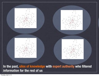 In the past, silos of knowledge with expert authority who ﬁltered
    information for the rest of us
Thursday, April 4, 13
 