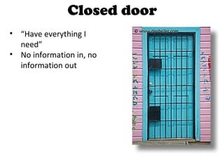 Closed door <ul><li>“ Have everything I need” </li></ul><ul><li>No information in, no information out </li></ul>