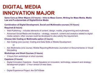 DIGITAL MEDIA
INNOVATION MAJOR
Same Core as Other Majors (12 hours) – Intro to Mass Comm, Writing for Mass Media, Media
Law and Fundamentals of Digital/Online Media
Combination of Digital Development, Social and Multimedia courses (15 hours)
Required (6 hours)
• Web Publishing – includes elements of content, design, mobile, programming and multimedia
• Advanced Social Media and Analytics – strategy, research, content and analytics related to digital
media careers; other courses could be developed to also satisfy this requirement.
Choose Adv Coding or Multimedia option (3 hours):
• Adv Coding (one course): Coding and Data Skills or Mobile Development
or
• Adv Multimedia (one course): Mobile Reporting/Multimedia Journalism or Documentaries or Visual
Storytelling
Workshops and Short Courses (3 hours)
• 3 hours from workshops or short courses
Capstone (3 hours)
• Digital Innovation Capstone - Guest Speakers on innovation, technology, research and strategy;
development project – 3 hour version of new class;
or
• Digital Experience Project, like SXTXState
 