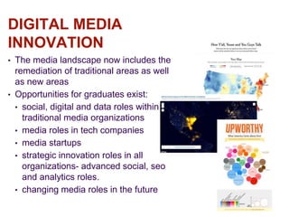 DIGITAL MEDIA
INNOVATION
• The media landscape now includes the
remediation of traditional areas as well
as new areas
• Opportunities for graduates exist:
• social, digital and data roles within
traditional media organizations
• media roles in tech companies
• media startups
• strategic innovation roles in all
organizations- advanced social, seo
and analytics roles.
• changing media roles in the future
 