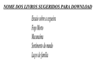 NOME DOS LIVROS SUGERIDOS PARA DOWNLOAD

            Ensaio sobre a cegueira
            Fogo Morto
            Macunaíma
            Sentimento do mundo
            Laços de família
            Memórias de Cárceres
 