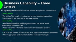 The capability of the business has to be able to deliver the experiences customers desire
The ability of the people in the business to meet customer expectations
Combination of soft skills and technical experience
People Capability
How well the processes underlying the business can deliver on the
customer and business goals
Processes can be automated or manual, but must be able to deliver
Process Capability
The tools and systems in the business must support the people and processes
Without appropriate systems, the rest of the business will struggle
System Capability
Business Capability – Three
Lenses
 