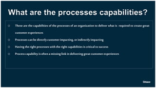 What are the processes capabilities?
o These are the capabilities of the processes of an organization to deliver what is required to create great
customer experiences
o Processes can be directly customer impacting, or indirectly impacting
o Having the right processes with the right capabilities iscritical to success
o Process capability isoften a missing link in delivering great customer experiences
 