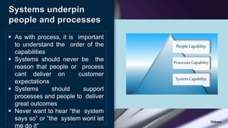 Systems underpin
people and processes
 As with process, it is important
to understand the order of the
capabilities
 Systems should never be the
reason that people or process
cant deliver on customer
expectations
 Systems should support
processes and people to deliver
great outcomes
 Never want to hear “the system
says so” or “the system wont let
me do it”
PeopleCapability
ProcessesCapability
System Capability
 