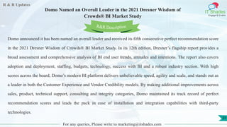 R & R Updates
IT Shades
Engage & Enable
Domo Named an Overall Leader in the 2021 Dresner Wisdom of
Crowds® BI Market Study
For any queries, Please write to marketing@itshades.com
21
Domo announced it has been named an overall leader and received its fifth consecutive perfect recommendation score
in the 2021 Dresner Wisdom of Crowds® BI Market Study. In its 12th edition, Dresner’s flagship report provides a
broad assessment and comprehensive analysis of BI end user trends, attitudes and intentions. The report also covers
adoption and deployment, staffing, budgets, technology, success with BI and a robust industry section. With high
scores across the board, Domo’s modern BI platform delivers unbelievable speed, agility and scale, and stands out as
a leader in both the Customer Experience and Vendor Credibility models. By making additional improvements across
sales, product, technical support, consulting and integrity categories, Domo maintained its track record of perfect
recommendation scores and leads the pack in ease of installation and integration capabilities with third-party
technologies.
R&R Description
 