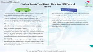 Financial, M&A Updates
IT Shades
Engage & Enable
Cloudera Reports Third Quarter Fiscal Year 2020 Financial
Results
• Total revenue for the third quarter was $198.3 million, and subscription revenue was $166.9
million. Annualized Recurring Revenue grew 13% year-over-year.
• GAAP loss from operations for the third quarter of fiscal 2020 was $82.5 million, compared to
a GAAP loss from operations of $25.7 million for the third quarter of fiscal 2019.
• Non-GAAP loss from operations for the third quarter of fiscal 2020 was $8.2 million,
compared to a non-GAAP loss from operations of $3.1 million for the third quarter of fiscal
2019.
• Operating cash flow for the third quarter of fiscal 2020, which includes $6.1 million of
merger-related payments, was negative $5.9 million, compared to operating cash flow of
negative $6.8 million for the third quarter of fiscal 2019.
• GAAP net loss per share for the third quarter of fiscal 2020 was $0.29 per share, based on
weighted-average shares outstanding of 283.3 million shares, compared to a GAAP net loss per
share of $0.17 per share for the third quarter of fiscal 2019, based on weighted-average shares
outstanding of 152.2 million shares. See financial statement tables below for additional
information regarding historical and forward-looking stock-based compensation expense and
shares outstanding.
• Non-GAAP net loss per share for the third quarter of fiscal 2020 was $0.03 per share, based
on weighted-average shares outstanding of 283.3 million shares, compared to a non-GAAP net
loss per share of $0.02 per share for the third quarter of fiscal 2019, based on weighted-average
shares outstanding of 152.2 million shares.
Executive Commentary
"I am pleased to report that we executed well in Q3, building on the positive momentum
generated in Q2. We delivered strong operating and financial results across the board and
launched the Cloudera Data Platform to a great reception from customers, partners and
industry analysts," said Chairman of the board and interim chief executive officer,
Cloudera. "Customers now have a highly competitive set of cloud-native services from
Cloudera, and we've made hybrid cloud data management and analytics a reality via the
industry's first enterprise data cloud."
For any queries, Please write to marketing@itshades.com
Description
2
 