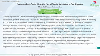 Customer Success Updates
IT Shades
Engage & Enable
Customers Rank Verint Highest in Overall Vendor Satisfaction in New Report on
Robotic Process Automation
For any queries, Please write to marketing@itshades.com
64
Verint® Systems Inc., The Customer Engagement Company™, announced that it received the highest overall vendor
satisfaction, product, professional services and product innovation scores from customers according to DMG Consulting
LLC’s new 2019-2020 Robotic Process Automation (RPA) Product and Market Report*. On the heels of these new
rankings, Verint is continuing to expand its RPA leadership position via the introduction of a new analytics solution –
Robotic Process Automation Discovery™ – to help organizations best leverage RPA – in the cloud or on premise – to
accelerate time-to-value in intelligent automation initiatives. The DMG report provides extensive analysis of the RPA
market and vendors who offer solutions that address service, contact center, back-office and other enterprise uses. Verint
received the highest customer scores among all featured vendors in Vendor Satisfaction ratings for professional services
and product innovation, while tying for highest scores in product, implementation, and responsiveness to product
enhancement requests. Verint also received the highest scores among all vendors covered in the report for six product
capabilities and seven product effectiveness categories.
Description
 