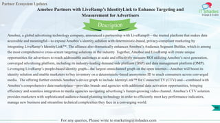 Partner Ecosystem Updates
IT Shades
Engage & Enable
Amobee Partners with LiveRamp’s IdentityLink to Enhance Targeting and
Measurement for Advertisers
For any queries, Please write to marketing@itshades.com
66
Amobee, a global advertising technology company, announced a partnership with LiveRamp®—the trusted platform that makes data
accessible and meaningful—to expand Amobee’s identity solution with deterministic-based, privacy-compliant marketing by
integrating LiveRamp’s IdentityLink™. The alliance also dramatically enhances Amobee’s Audience Segment Builder, which is among
the most comprehensive cross-screen targeting solutions in the industry. Together, Amobee and LiveRamp will create unique
opportunities for advertisers to reach addressable audiences at scale and effectively measure ROI utilizing Amobee’s next generation,
converged advertising platform, including its industry-leading demand side platform (DSP) and data management platform (DMP).
Leveraging LiveRamp’s people-based identity graph—the largest omnichannel graph on the open internet—Amobee will boost its
identity solution and enable marketers to buy inventory on a deterministic-based anonymous ID to reach consumers across converged
media. The offering further extends Amobee’s device graph to include IdentityLink™ for Connected TV (CTV) and—combined with
Amobee’s comprehensive data marketplace—provides brands and agencies with additional data activation opportunities, bringing
efficiency and seamless integration to media agencies navigating advertising’s fastest-growing video channel. Amobee’s CTV solution
provides marketers with sophisticated audience-based planning technology in order to efficiently meet key performance indicators,
manage new business and streamline technical complexities they face in a converging world.
Description
 