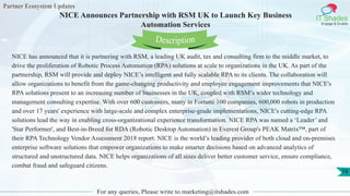 Partner Ecosystem Updates
IT Shades
Engage & Enable
NICE Announces Partnership with RSM UK to Launch Key Business
Automation Services
For any queries, Please write to marketing@itshades.com
74
NICE has announced that it is partnering with RSM, a leading UK audit, tax and consulting firm to the middle market, to
drive the proliferation of Robotic Process Automation (RPA) solutions at scale to organizations in the UK. As part of the
partnership, RSM will provide and deploy NICE’s intelligent and fully scalable RPA to its clients. The collaboration will
allow organizations to benefit from the game-changing productivity and employee engagement improvements that NICE's
RPA solutions present to an increasing number of businesses in the UK, coupled with RSM’s wider technology and
management consulting expertise. With over 600 customers, many in Fortune 100 companies, 600,000 robots in production
and over 17 years' experience with large-scale and complex enterprise-grade implementations, NICE's cutting-edge RPA
solutions lead the way in enabling cross-organizational experience transformation. NICE RPA was named a ‘Leader’ and
'Star Performer', and Best-in-Breed for RDA (Robotic Desktop Automation) in Everest Group's PEAK Matrix™, part of
their RPA Technology Vendor Assessment 2018 report. NICE is the world’s leading provider of both cloud and on-premises
enterprise software solutions that empower organizations to make smarter decisions based on advanced analytics of
structured and unstructured data. NICE helps organizations of all sizes deliver better customer service, ensure compliance,
combat fraud and safeguard citizens.
Description
 