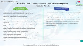 Financial, M&A Updates
IT Shades
Engage & Enable
CORRECTION - Domo Announces Fiscal 2020 Third Quarter
Financial Results
• Total revenue was $44.8 million, an increase of 22% year over year
• Subscription revenue was $37.8 million, an increase of 24% year over year
• Subscription revenue represented 85% of total revenue
• Billings were $44.4 million or 15% year-over-year growth
• Net cash used in operating activities was $19.5 million, an improvement of 36% year over
year
• Adjusted net cash used in operating activities was $16.2 million, an improvement of 47%
year over year
• Subscription gross margin was 76%, an improvement of 3 percentage points from Q3
FY19
• GAAP operating margin improved by 22 percentage points year over year
• Non-GAAP operating margin improved by 21 percentage points year over year
• GAAP operating expenses increased 6% year over year
• Non-GAAP operating expenses increased 5% year over year
• GAAP net loss was $29.1 million, and GAAP net loss per share was $1.05, based on 27.6
million weighted-average shares outstanding
• Non-GAAP net loss was $23.6 million, and non-GAAP net loss per share was $0.85,
based on 27.6 million weighted-average shares outstanding
• Cash, cash equivalents and short-term investments were $115.9 million as of October 31,
2019
Executive Commentary
“I am very pleased with our 24% subscription revenue growth and our execution in Q3,
closing several of the largest deals in company history. We provide a differentiated
solution that helps customers quickly, easily and securely put data to work at scale,”
said, Domo founder and CEO. “In Q3, we were once again able to make meaningful
progress on reducing our cash burn, coming in well ahead of our guidance. Consistent
with our previous statements, we remain committed to achieving cash flow positive
status with the cash on our balance sheet and continue to be optimistic about the
opportunity in front of us.”
For any queries, Please write to marketing@itshades.com
Description
4
 