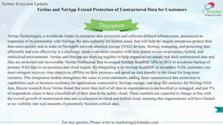 Partner Ecosystem Updates
IT Shades
Engage & Enable
Veritas and NetApp Extend Protection of Unstructured Data for Customers
For any queries, Please write to marketing@itshades.com
83
Veritas Technologies, a worldwide leader in enterprise data protection and software-defined infrastructure, announced an
expansion of its partnership with NetApp, the data authority for hybrid cloud, that will help the largest enterprises protect their
data more quickly and at scale on NetApp® network-attached storage (NAS) devices. Storing, managing, and protecting data
efficiently and cost effectively is a challenge, made even more complex with data spread across on-premises, hybrid, and
multicloud environments. Veritas and NetApp are working together to help organizations ensure that their unstructured data and
files are protected and recoverable. Veritas NetBackup first leveraged NetApp SnapDiff APIs in 2012 to accelerate backup of
primary NAS data to on-premises and cloud targets. By integrating with NetApp SnapDiff on secondary NAS, customers can
meet stringent recovery time objectives (RTOs) on their premises and speed up data transfer to the cloud for long-term
retention. This integration further strengthens the value to joint customers, adding faster unstructured data protection to
capabilities such as business resiliency for applications connected to NetApp storage, and deep file analytics for NetApp NAS
data. Recent research from Veritas found that more than half of all data in organizations is unclassified or untagged, and just 5%
of respondents claim to have classified all of their data in the public cloud. These numbers are expected to change in line with
the overall growth of unstructured data and acceleration to cloud and hybrid cloud, meaning that organizations will have limited
or no visibility into vast amounts of potentially business-critical data.
Description
 