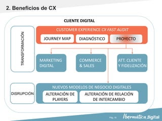 Pág. 16
CLIENTE DIGITAL
MARKETING
DIGITAL
COMMERCE
& SALES
ATT. CLIENTE
Y FIDELIZACIÓN
CUSTOMER EXPERIENCE CX FAST AUDIT
NUEVOS MODELOS DE NEGOCIO DIGITALES
TRANSFORMACIÓN
DISRUPCIÓN
JOURNEY MAP DIAGNÓSTICO PROYECTO
ALTERACIÓN DE
PLAYERS
ALTERACIÓN DE RELACIÓN
DE INTERCAMBIO
2. Beneficios de CX
 