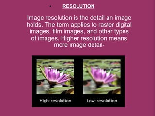 ● RESOLUTION
Image resolution is the detail an image
holds. The term applies to raster digital
images, film images, and other types
of images. Higher resolution means
more image detail-
 