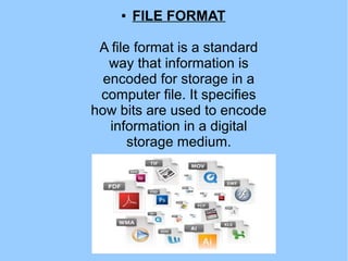 ● FILE FORMAT
A file format is a standard
way that information is
encoded for storage in a
computer file. It specifies
how bits are used to encode
information in a digital
storage medium.
 