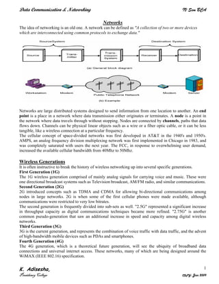 Data Communication & Networking                                                                 IV Sem BCA

                                                 Networks
The idea of networking is an old one. A network can be defined as "A collection of two or more devices
which are interconnected using common protocols to exchange data."




Networks are large distributed systems designed to send information from one location to another. An end
point is a place in a network where data transmission either originates or terminates. A node is a point in
the network where data travels through without stopping. Nodes are connected by channels, paths that data
flows down. Channels can be physical linear objects such as a wire or a fiber optic cable, or it can be less
tangible, like a wireless connection at a particular frequency.
The cellular concept of space-divided networks was first developed in AT&T in the 1940's and 1950's.
AMPS, an analog frequency division multiplexing network was first implemented in Chicago in 1983, and
was completely saturated with users the next year. The FCC, in response to overwhelming user demand,
increased the available cellular bandwidth from 40Mhz to 50Mhz.

Wireless Generations
It is often instructive to break the history of wireless networking up into several specific generations.
First Generation (1G)
The 1G wireless generation comprised of mainly analog signals for carrying voice and music. These were
one directional broadcast systems such as Television broadcast, AM/FM radio, and similar communications.
Second Generation (2G)
2G introduced concepts such as TDMA and CDMA for allowing bi-directional communications among
nodes in large networks. 2G is when some of the first cellular phones were made available, although
communications were restricted to very low bitrates.
The second generation is frequently divided into sub-sets as well. "2.5G" represented a significant increase
in throughput capacity as digital communications techniques became more refined. "2.75G" is another
common pseudo-generation that saw an additional increase in speed and capacity among digital wireless
networks.
Third Generation (3G)
3G is the current generation, and represents the combination of voice traffic with data traffic, and the advent
of high-bandwidth mobile devices such as PDAs and smartphones.
Fourth Generation (4G)
The 4G generation, which is a theoretical future generation, will see the ubiquity of broadband data
connections and universal internet access. These networks, many of which are being designed around the
WiMAX (IEEE 802.16) specification.


K. Adisesha,                                                                                                  1
Presidency College                                                                              COPY:   Jan 2009
 