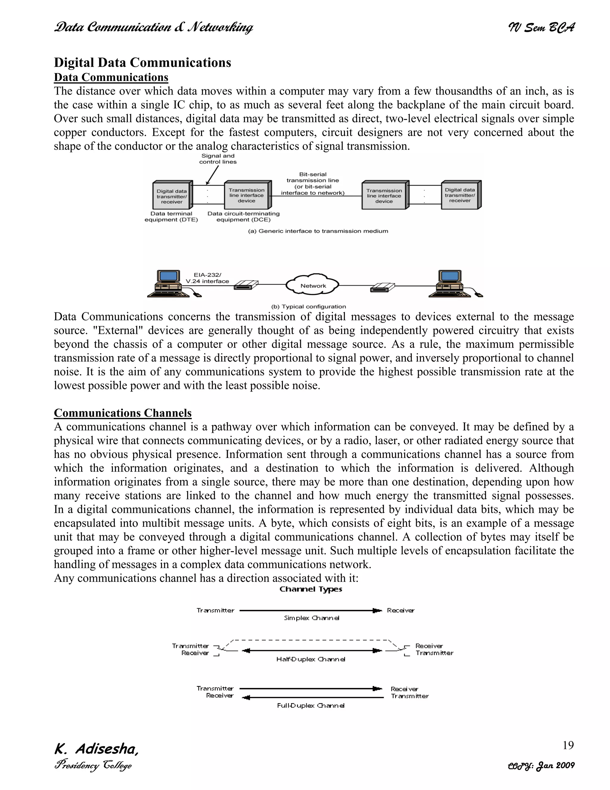 Data Communication & Networking IV Sem BCA
K. Adisesha,
Presidency College COPY: Jan 2009
19
Digital Data Communications
Data Communications
The distance over which data moves within a computer may vary from a few thousandths of an inch, as is
the case within a single IC chip, to as much as several feet along the backplane of the main circuit board.
Over such small distances, digital data may be transmitted as direct, two-level electrical signals over simple
copper conductors. Except for the fastest computers, circuit designers are not very concerned about the
shape of the conductor or the analog characteristics of signal transmission.
Data Communications concerns the transmission of digital messages to devices external to the message
source. "External" devices are generally thought of as being independently powered circuitry that exists
beyond the chassis of a computer or other digital message source. As a rule, the maximum permissible
transmission rate of a message is directly proportional to signal power, and inversely proportional to channel
noise. It is the aim of any communications system to provide the highest possible transmission rate at the
lowest possible power and with the least possible noise.
Communications Channels
A communications channel is a pathway over which information can be conveyed. It may be defined by a
physical wire that connects communicating devices, or by a radio, laser, or other radiated energy source that
has no obvious physical presence. Information sent through a communications channel has a source from
which the information originates, and a destination to which the information is delivered. Although
information originates from a single source, there may be more than one destination, depending upon how
many receive stations are linked to the channel and how much energy the transmitted signal possesses.
In a digital communications channel, the information is represented by individual data bits, which may be
encapsulated into multibit message units. A byte, which consists of eight bits, is an example of a message
unit that may be conveyed through a digital communications channel. A collection of bytes may itself be
grouped into a frame or other higher-level message unit. Such multiple levels of encapsulation facilitate the
handling of messages in a complex data communications network.
Any communications channel has a direction associated with it:
 