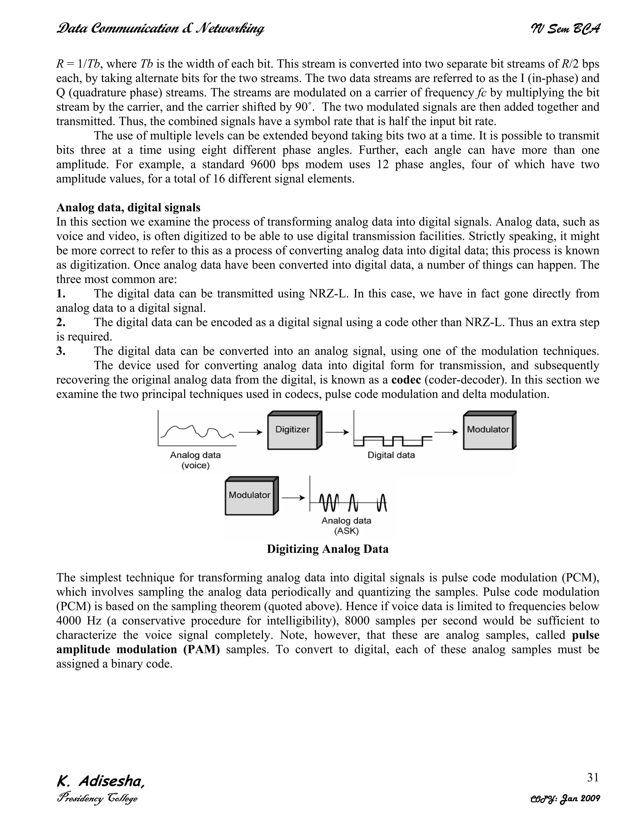 Data Communication & Networking IV Sem BCA
K. Adisesha,
Presidency College COPY: Jan 2009
31
R = 1/Tb, where Tb is the width of each bit. This stream is converted into two separate bit streams of R/2 bps
each, by taking alternate bits for the two streams. The two data streams are referred to as the I (in-phase) and
Q (quadrature phase) streams. The streams are modulated on a carrier of frequency fc by multiplying the bit
stream by the carrier, and the carrier shifted by 90˚. The two modulated signals are then added together and
transmitted. Thus, the combined signals have a symbol rate that is half the input bit rate.
The use of multiple levels can be extended beyond taking bits two at a time. It is possible to transmit
bits three at a time using eight different phase angles. Further, each angle can have more than one
amplitude. For example, a standard 9600 bps modem uses 12 phase angles, four of which have two
amplitude values, for a total of 16 different signal elements.
Analog data, digital signals
In this section we examine the process of transforming analog data into digital signals. Analog data, such as
voice and video, is often digitized to be able to use digital transmission facilities. Strictly speaking, it might
be more correct to refer to this as a process of converting analog data into digital data; this process is known
as digitization. Once analog data have been converted into digital data, a number of things can happen. The
three most common are:
1. The digital data can be transmitted using NRZ-L. In this case, we have in fact gone directly from
analog data to a digital signal.
2. The digital data can be encoded as a digital signal using a code other than NRZ-L. Thus an extra step
is required.
3. The digital data can be converted into an analog signal, using one of the modulation techniques.
The device used for converting analog data into digital form for transmission, and subsequently
recovering the original analog data from the digital, is known as a codec (coder-decoder). In this section we
examine the two principal techniques used in codecs, pulse code modulation and delta modulation.
Digitizing Analog Data
The simplest technique for transforming analog data into digital signals is pulse code modulation (PCM),
which involves sampling the analog data periodically and quantizing the samples. Pulse code modulation
(PCM) is based on the sampling theorem (quoted above). Hence if voice data is limited to frequencies below
4000 Hz (a conservative procedure for intelligibility), 8000 samples per second would be sufficient to
characterize the voice signal completely. Note, however, that these are analog samples, called pulse
amplitude modulation (PAM) samples. To convert to digital, each of these analog samples must be
assigned a binary code.
 