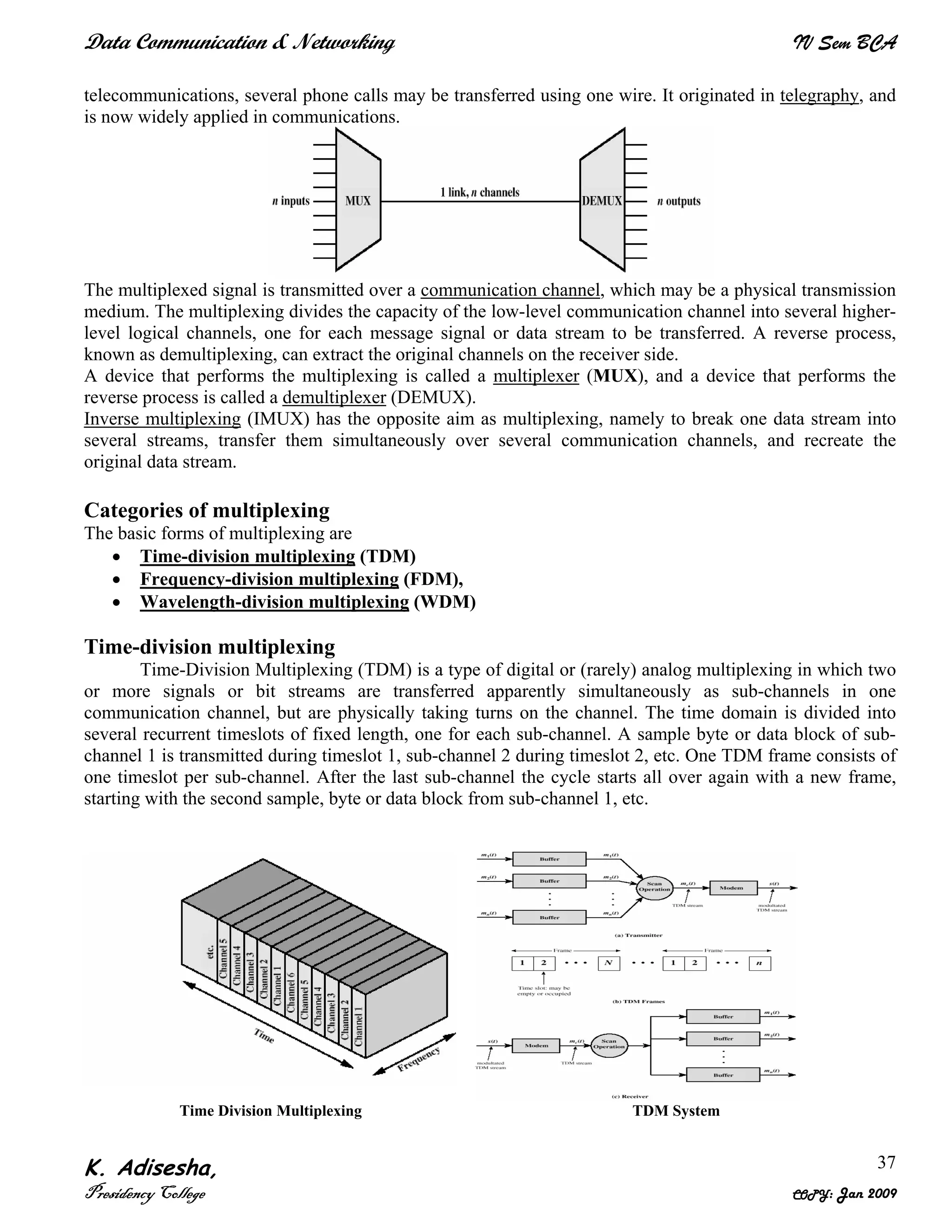 Data Communication & Networking IV Sem BCA
K. Adisesha,
Presidency College COPY: Jan 2009
37
telecommunications, several phone calls may be transferred using one wire. It originated in telegraphy, and
is now widely applied in communications.
The multiplexed signal is transmitted over a communication channel, which may be a physical transmission
medium. The multiplexing divides the capacity of the low-level communication channel into several higher-
level logical channels, one for each message signal or data stream to be transferred. A reverse process,
known as demultiplexing, can extract the original channels on the receiver side.
A device that performs the multiplexing is called a multiplexer (MUX), and a device that performs the
reverse process is called a demultiplexer (DEMUX).
Inverse multiplexing (IMUX) has the opposite aim as multiplexing, namely to break one data stream into
several streams, transfer them simultaneously over several communication channels, and recreate the
original data stream.
Categories of multiplexing
The basic forms of multiplexing are
• Time-division multiplexing (TDM)
• Frequency-division multiplexing (FDM),
• Wavelength-division multiplexing (WDM)
Time-division multiplexing
Time-Division Multiplexing (TDM) is a type of digital or (rarely) analog multiplexing in which two
or more signals or bit streams are transferred apparently simultaneously as sub-channels in one
communication channel, but are physically taking turns on the channel. The time domain is divided into
several recurrent timeslots of fixed length, one for each sub-channel. A sample byte or data block of sub-
channel 1 is transmitted during timeslot 1, sub-channel 2 during timeslot 2, etc. One TDM frame consists of
one timeslot per sub-channel. After the last sub-channel the cycle starts all over again with a new frame,
starting with the second sample, byte or data block from sub-channel 1, etc.
Time Division Multiplexing TDM System
 