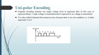 Uni-polar Encoding
 Unipolar encoding schemes use single voltage level to represent data. In this case, to
represent binary 1, high voltage is transmitted and to represent 0, no voltage is transmitted.
 It is also called Unipolar-Non-return-to-zero, because there is no rest condition i.e. it either
represents 1 or 0.
 