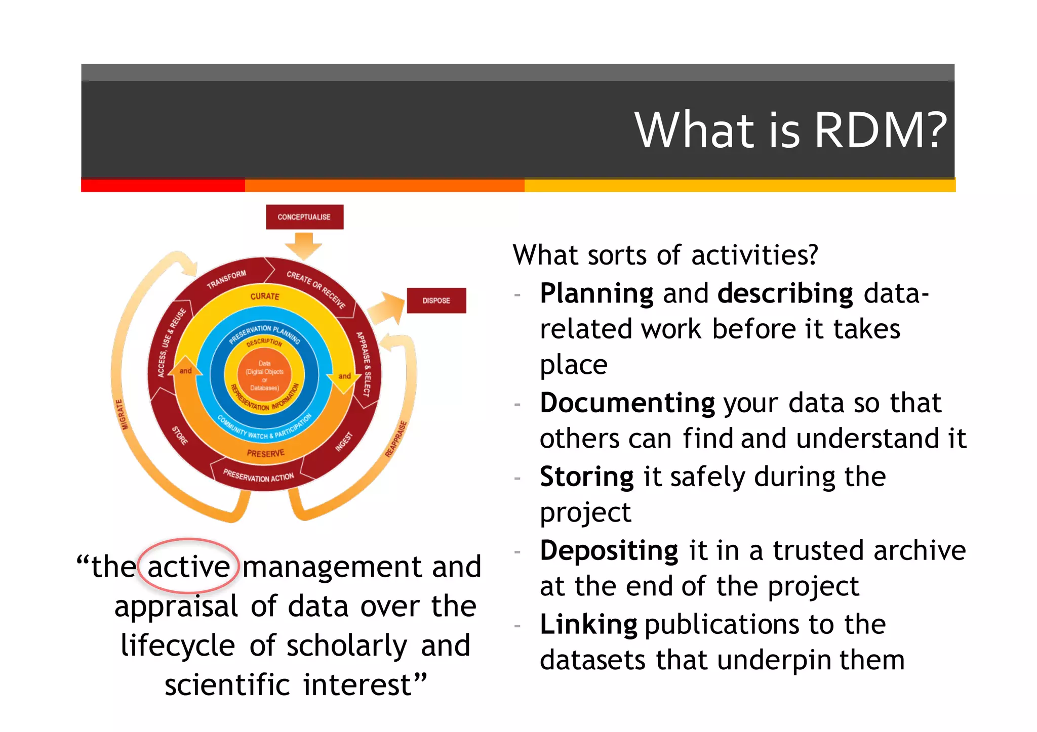 What  is  RDM?  
“the active management and
appraisal of data over the
lifecycle of scholarly and
scientific interest”
What sorts of activities?
- Planning and describing data-
related work before it takes
place
- Documenting your data so that
others can find and understand it
- Storing it safely during the
project
- Depositing it in a trusted archive
at the end of the project
- Linking publications to the
datasets that underpin them
 