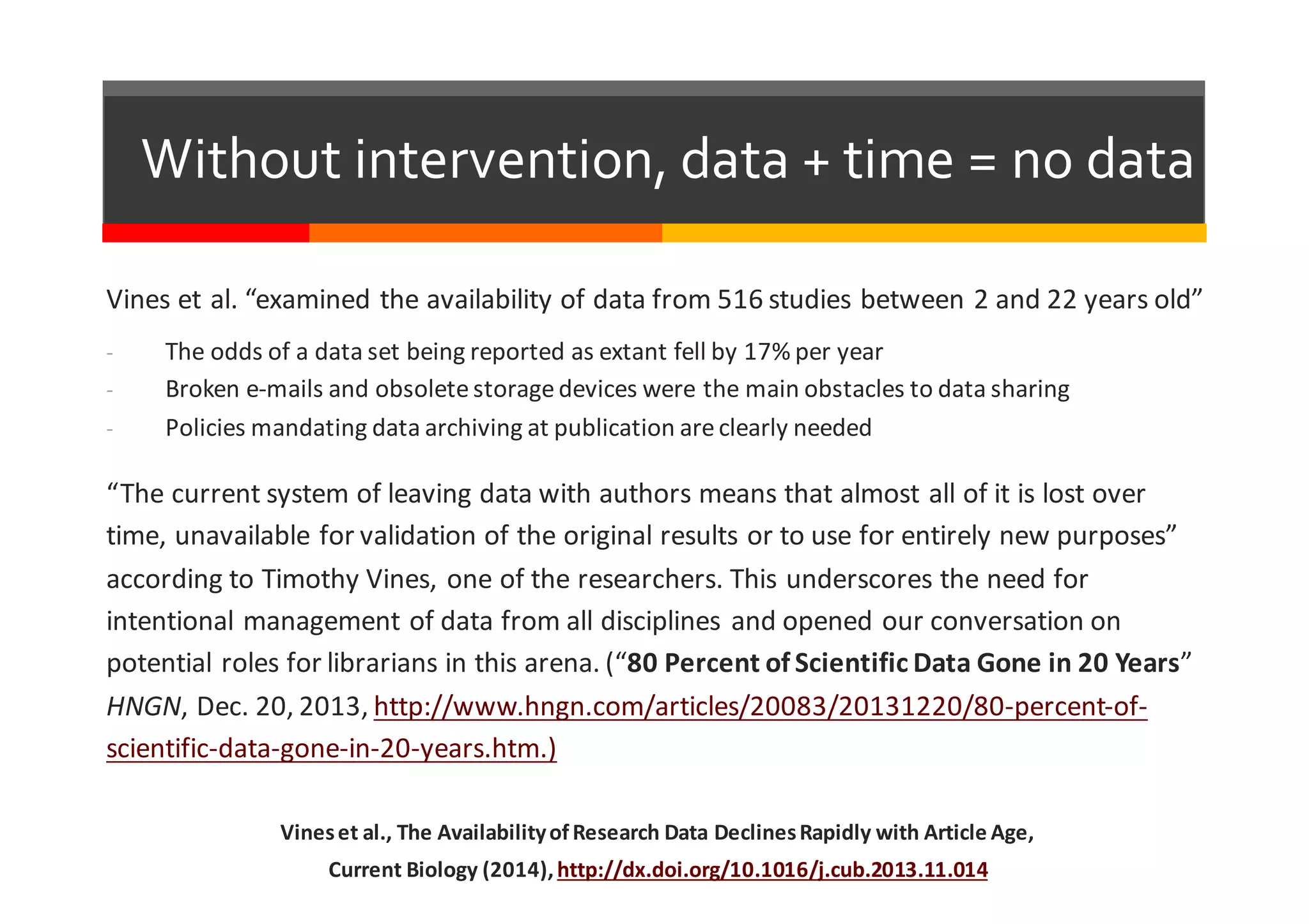 Without  intervention,  data  +  time  =  no  data
Vines	
  et	
  al.	
  “examined	
  the	
  availability	
  of	
  data	
  from	
  516	
  studies	
  between	
  2	
  and	
  22	
  years	
  old”
-­‐ The	
  odds	
  of	
  a	
  data	
  set	
  being	
  reported	
  as	
  extant	
  fell	
  by	
  17%	
  per	
  year
-­‐ Broken	
  e-­‐mails	
  and	
  obsolete	
  storage	
  devices	
  were	
  the	
  main	
  obstacles	
  to	
  data	
  sharing
-­‐ Policies	
  mandating	
  data	
  archiving	
  at	
  publication	
  are	
  clearly	
  needed
“The	
  current	
  system	
  of	
  leaving	
  data	
  with	
  authors	
  means	
  that	
  almost	
  all	
  of	
  it	
  is	
  lost	
  over	
  
time,	
  unavailable	
  for	
  validation	
  of	
  the	
  original	
  results	
  or	
  to	
  use	
  for	
  entirely	
  new	
  purposes”	
  
according	
  to	
  Timothy	
  Vines,	
  one	
  of	
  the	
  researchers.	
  This	
  underscores	
  the	
  need	
  for	
  
intentional	
  management	
  of	
  data	
  from	
  all	
  disciplines	
  and	
  opened	
  our	
  conversation	
  on	
  
potential	
  roles	
  for	
  librarians	
  in	
  this	
  arena. (“80	
  Percent	
  of	
  Scientific	
  Data	
  Gone	
  in	
  20	
  Years”	
  
HNGN,	
  Dec.	
  20,	
  2013,	
  http://www.hngn.com/articles/20083/20131220/80-­‐percent-­‐of-­‐
scientific-­‐data-­‐gone-­‐in-­‐20-­‐years.htm.)
Vines	
  et	
  al.,	
  The	
  Availability	
  of	
  Research	
  Data	
  Declines	
  Rapidly	
  with	
  Article	
  Age,	
  
Current	
  Biology	
  (2014),	
  http://dx.doi.org/10.1016/j.cub.2013.11.014
 
