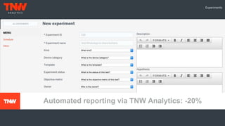 TNW Analytics: Adding experiments + ideasAutomated reporting via TNW Analytics: -20%
 