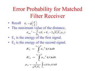 Error Probability for Matched
Filter Receiver
• Recall
• The maximum value of the distance,
• E1 is the energy of the first signal.
• E2 is the energy of the second signal.







2
d
Q
PE
)
2
(
2
12
2
1
2
1
0
2
max 
E
E
E
E
N
d 








T
t
t
T
t
t
dt
t
s
E
dt
t
s
E
0
0
0
0
)
(
)
(
2
2
2
2
1
1
dt
t
s
t
s
E
E
)
(
)
(
1
2
1
2
1
12 





 