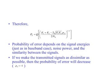 • Therefore,
• Probability of error depends on the signal energies
(just as in baseband case), noise power, and the
similarity between the signals.
• If we make the transmitted signals as dissimilar as
possible, then the probability of error will decrease
( )















 


2
/
1
0
12
2
1
2
1
2
2
N
E
E
E
E
Q
PE

1
12 


 
