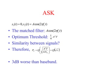 ASK
• The matched filter:
• Optimum Threshold:
• Similarity between signals?
• Therefore,
• 3dB worse than baseband.
)
2
cos(
)
(
,
0
)
( 2
1 t
f
A
t
s
t
s c



)
2
cos( t
f
A c

T
A2
4
1
 
z
Q
N
T
A
Q
PE 









0
2
4
 