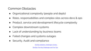 DevOps: Five Key Challenges and Five Tips
DevOps adoption, challenges, & tools..
Common Obstacles
● Organizational complexity (people and depts)
● Roles, responsabilities and complex silos across devs & ops
● Product, service and development lifecycle complexity
● Complex downstream systems
● Lack of understanding by business teams
● Failed changes and systems outages
● Security, Audit and compliance
 