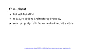 It’s all about
● fail fast, fail often
● measure actions and features precisely
● react properly, with feature rollout and kill switch
PaaS, Microservices, SMAC and Digital helps your company to react quickly
 