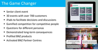 The Game Changer
 Senior client event
 30 events with over 700 customers
 iPads to facilitate decisions and discussions
 Gamified competition for competitive people
 Questions for different personas
 Demonstrated long-term consequences
 Profiled BNZ products
 Activated BNZ Partner Centres
 