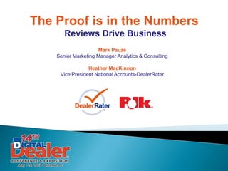 Mark Pauzé
Senior Marketing Manager Analytics & Consulting
Heather MacKinnon
Vice President National Accounts-DealerRater
The Proof is in the Numbers
Reviews Drive Business
 